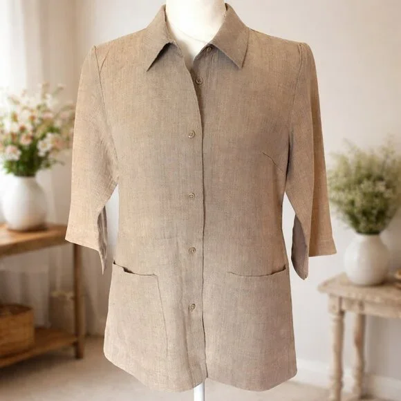 Linen Shirt Jacket Neutral Minimalist Button Front Capsule Wardrobe Layering Top - Picture 2 of 8